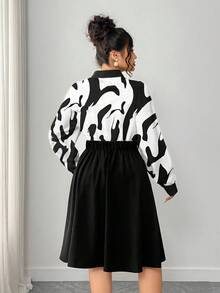 Elenzga 大码女式时尚百搭法式复古奢华优雅通勤休闲日常晚会派对度假条纹纽扣长袖连衣裙（Kooky Elegance 系列 - Woe Is Me Vibes - Wednesday Aesthetic） - 彩色 - 查看 4