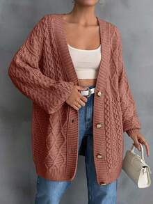 EURMUSE Women Cable Knit Detailed Long Cardigan - Dusty Pink - View 4