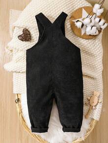 SHEIN Vintaside Kids 男童黑色灯芯绒背带裤，宽松工装风复古口袋工装裤，适合多个季节的男童休闲百搭长裤 - 黑色 - 查看 2