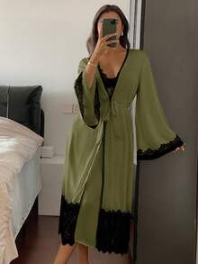 DAZY 女士睡衣套装：撞色蕾丝拼接系带睡袍和吊带睡裙，冬季服装 - 橄欖綠 - 查看 5