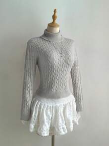 Elamini Áo len dệt kim cổ cao có dây rút thường ngày cho nữ/bé gái - Màu Xám nhạt - Xem 4