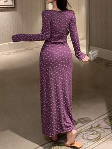 DAZY Ditsy Floral V-Neck Ruched Design Long Sleeve Maxi Nightgown For Women, Winter - Purple - View 2