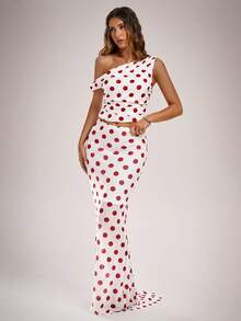 Avantive Red And White Polka Dot Maxi Skirt For Women,Vintage 70s 2000s Style Elegant Fitted Print Skirt,Autumn Party Cocktail Prom Homecoming Date Night - Red and White - View 5
