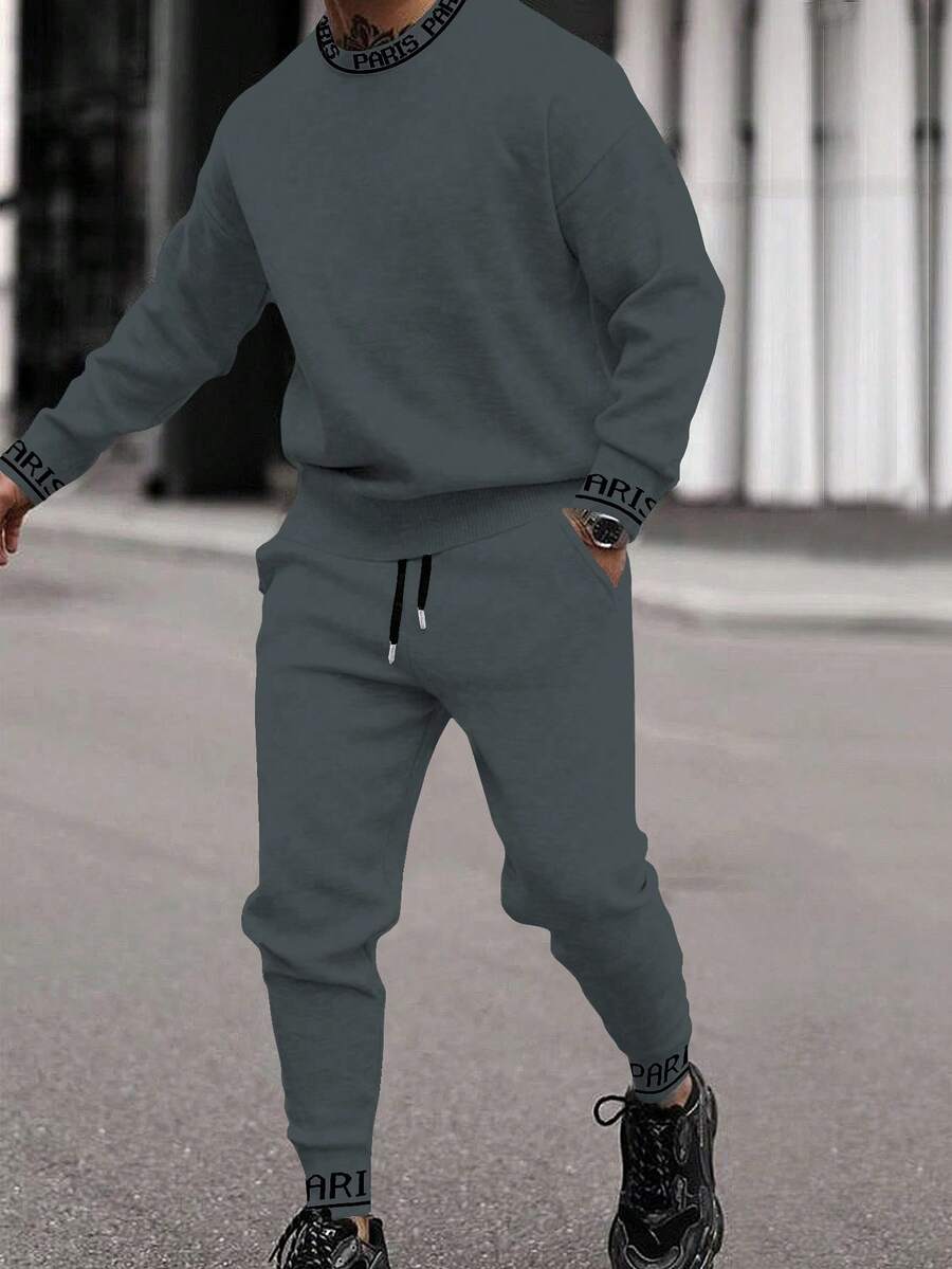 Manfinity Homme Bộ 2 món áo thun cổ tròn tay dài in họa tiết đơn giản dành cho nam - Xám - Xem 1