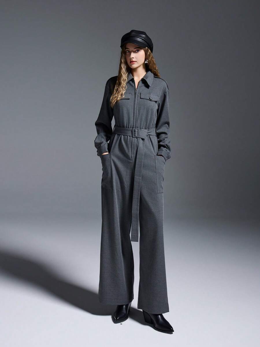 MYSTAURA Women's Solid Color Long Sleeve Zipper Collar Pocket Belt Design Casual Jumpsuit - Grey - View 1