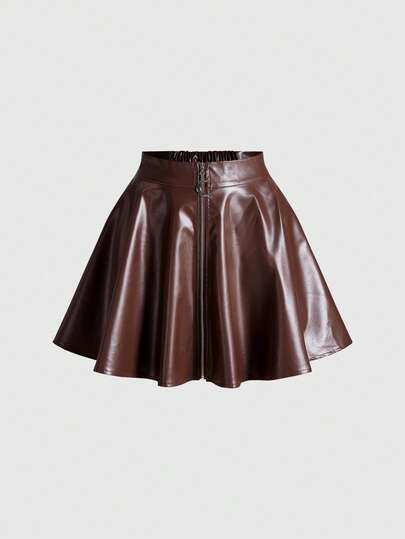 Goth Falda A-Line con cremallera frontal, colgante de luna y estilo clásico gótico misterioso de PU negro para mujeres