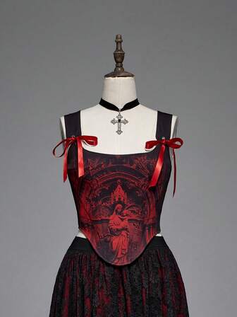 Goth Camiseta ajustada de estilo gótico medieval con estampado de iglesia y castillo, de color contrastante y con cordones de encaje