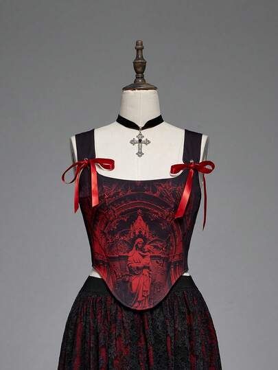 Gothic Medieval Palace Style Church & Castle Print Contrast Color Low-Cut Fitted Lace-Up Camisole