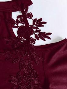 Elenzga Women's Elegant Sexy Fashion Embroidered Lace Floral Decor V-Neck Asymmetric Hem Long Sleeve T-Shirt, Fitted Silhouette, Suitable For Vacation, Date, Daily Activities, Party - Burgundy - View 5