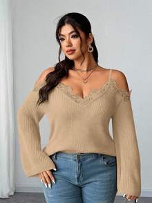 Elenzga 女士优雅复古性感露肩蕾丝拼接喇叭袖修身加大码毛衣套头衫哥特式 Y2k 蕾丝边露肩长袖短款上衣，春夏秋季 - 棕色 - 查看 3