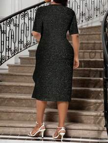 Fleurora Wiosenne i letnie eleganckie złote eleganckie retro wesele walentynki impreza noworoczna dzianinowy głęboki dekolt w serek z falbanką ze strasów nowość dopasowana sukienka plus size formalna sukienka na studniówkę plus size