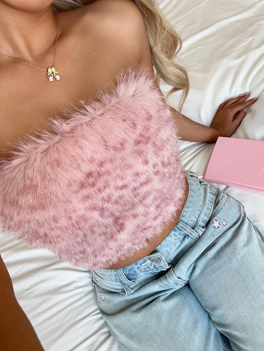 CovetEZ 女士时尚性感粉色毛绒抹胸上衣 - 粉色 - 查看 1