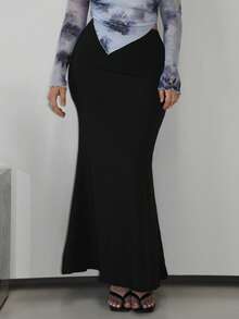 Arliah Women's Simple Elegant Solid Color Fish Tail Hem Skirt - Black - View 3