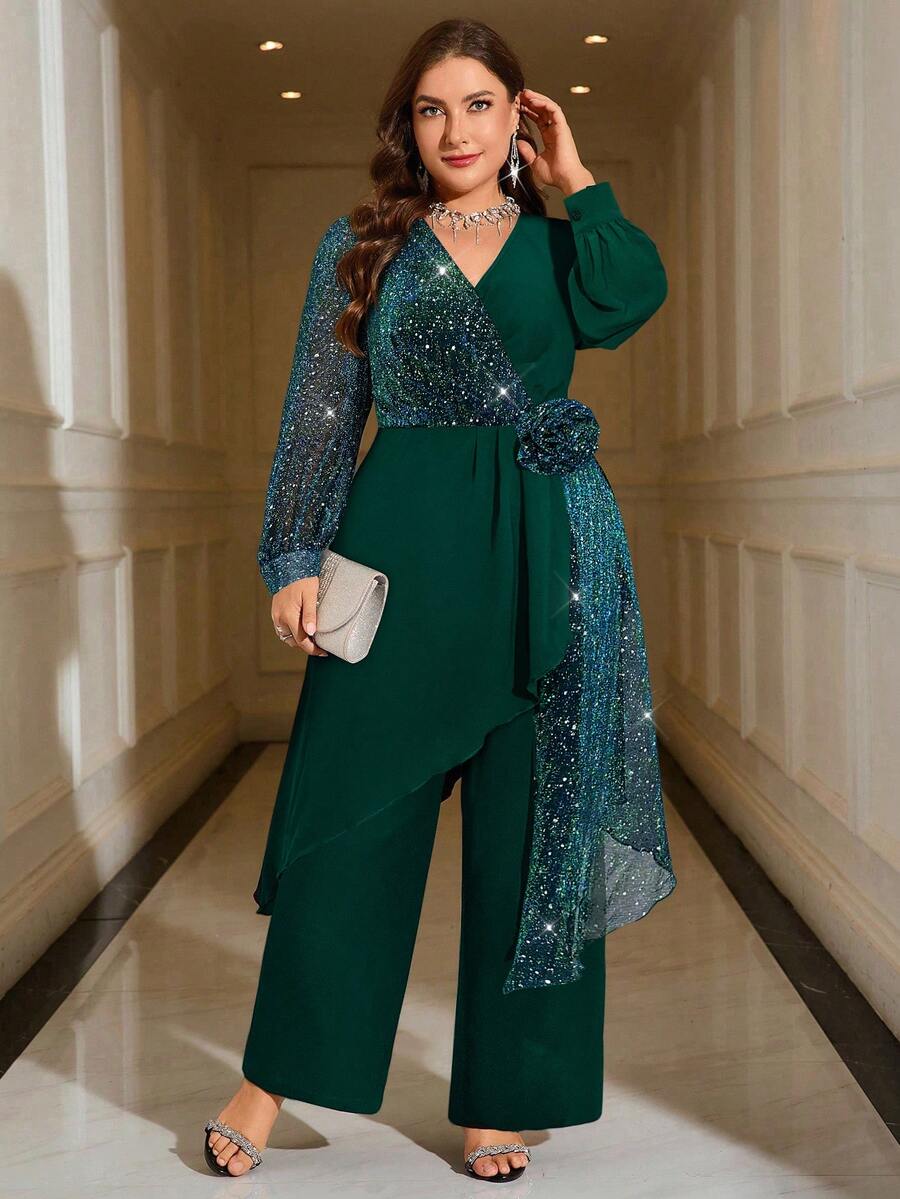 Reflora Plus Size Women's Fashion Elegant Party Outfit - Black Patchwork Metallic Pleated Contrast Design V-Neck Long Sleeve Asymmetric Hem Top + Fitted Straight Leg Pants Set/Winter - Dark Green - View 1