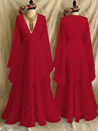 Lyrianda High-End Luxury French Lace Dress, New Fashionable Elegant V-Neck Flare SleeveDresss, Party Evening Gown, Formal Birthday Dress