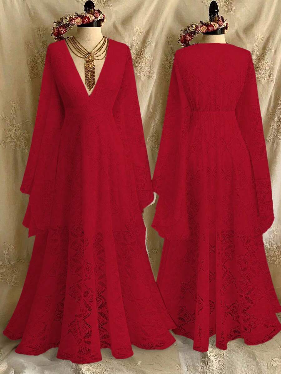 Lyrianda 高端奢华法式蕾丝连衣裙，新款时尚优雅 V 领喇叭袖连衣裙，派对晚礼服，正式生日礼服 - 紅色 - 查看 1