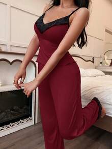 SHEIN Women's Sleepwear Set With Lace Trim Camisole And Pants - Burgundy - View 3