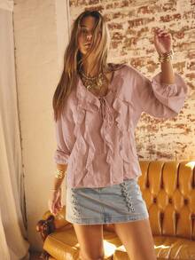 Aralina Ruffled V-Neck Long Sleeve Front Tie Blouse - Baby Pink - View 7