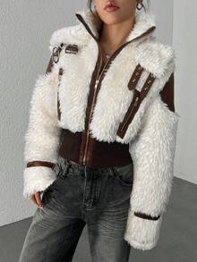 SHEIN EZwear Women's Jacket With PU Leather Front, Fleece Patchwork And Zipper Pockets In Fall/Winter - Coffee Brown - View 1