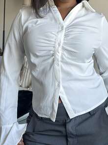 Tyla Gomez Solid Ruched Front Flare Sleeve Slim Fit White Shirt - White - View 6