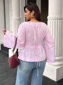 Easura Plus Size Women Heart Striped Tie Back Casual Shirt, Suitable For Valentine's Day - Pink - View 2