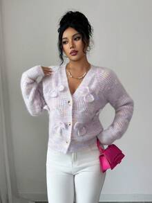 SHEIN Elenzya 蝴蝶结设计可爱小众柔软针织开衫，女士独特毛衣外套 - 淡紫色 - 查看 5