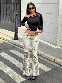 Jeanoix Women's Y2K Fashion Casual Graffiti Leopard Print Low-Waist Flare Jeans