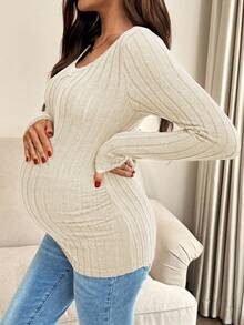 SHEIN Maternity Ribbed Rib Lace Patchwork Round Neck Long Sleeve T-Shirt - Apricot - View 4