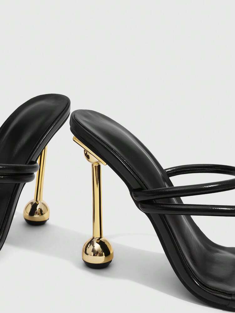 MISSGUIDED Strappy Mule Sandals With Architectural Gold Ball Heel