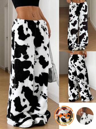 SHEIN EZwear Plus Size Black & White Cow Print Loose Comfortable Lounge Pants