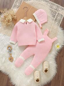 SHEIN 1 套淡蓝色毛衣套装，长袖高领毛衣，兔子背带裤连体衣，带帽子，3 件 - 淺粉色 - 查看 2