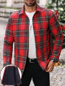 Manfinity CasualCool Giacca di cotone imbottita leggera a quadri rossi da uomo per autunno/inverno, con colletto alla coreana e design con bottoni, casual, regalo per il fidanzato, stile di strada, camicia di flanella a quadri per uomo, manica lunga, abbigliamento casual di strada, giacca a quadri per uomo per uso quotidiano, tempo libero, weekend, attività all'aperto, viaggi, ambienti di lavoro rilassati o occasioni semi-formali, regalo per il fidanzato/marito, regalo di anniversario, Natale