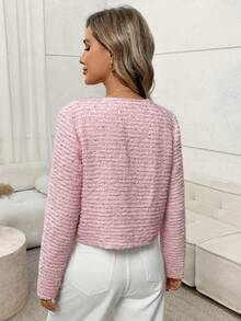 Easowa 秋冬粉色浪漫粗花呢女外套，金属纽扣前开襟，圆领长袖，适合茶会、约会、派对 - 粉色 - 查看 4