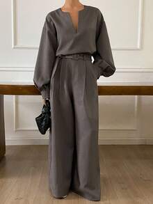 Livesso 2 pezzi Set casual da donna con top a scollo a V e pantaloni, outfit da pendolare, autunno/inverno - Grigio - Visualizzare 3