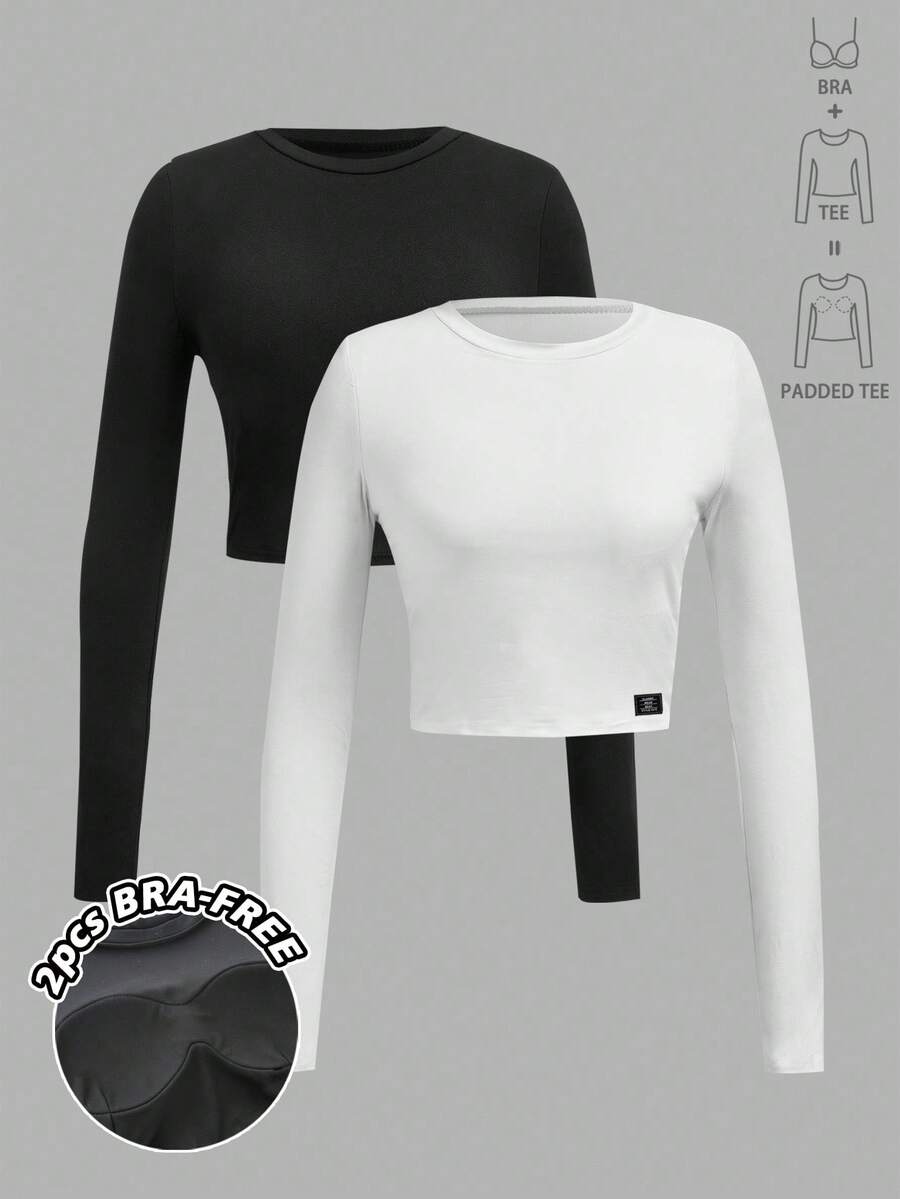SHEIN EZwear 2 件套休闲简约圆领加厚长袖短款修身女式 T 恤，无胸罩，温暖，舒适别致，修身百搭，运动，适合健身，适合秋季室内日常穿着， - 彩色 - 查看 1