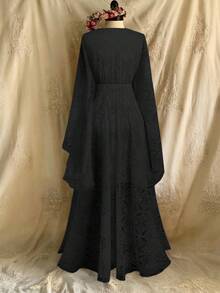 Lyrianda High-End Luxury French Lace Dress, New Fashion Elegant V-Neck Flare SleeveDresss, Formal Party Evening Gown, Graceful Birthday Dress - Black - View 2