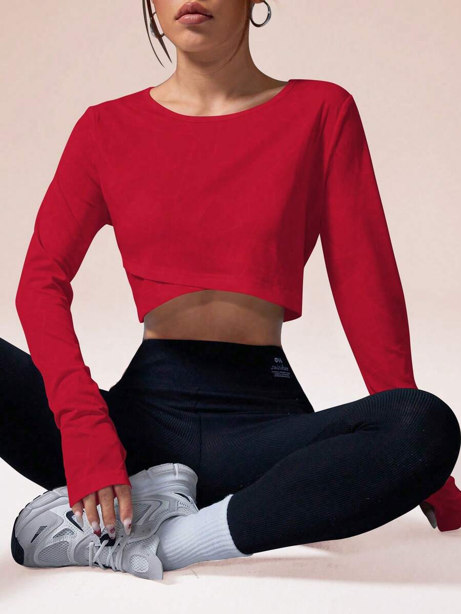 Easithlete Easithlete 女士运动 T 恤和背心 红色健身上衣 女士运动短款上衣 红色短款上衣 长袖短款上衣 红色运动上衣 - 紅色 - 查看 1