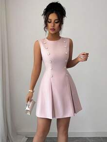 Elenzga 圆领束腰公主线水钻装饰复古法式优雅系带腰部纽扣高端短款迷你裙，适合毕业、派对、约会、通勤，百搭 - 粉色 - 查看 4