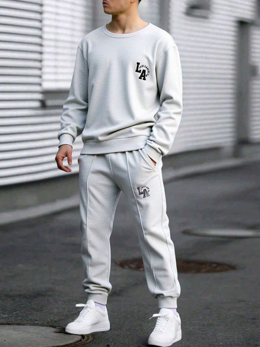 2 件套青少年男童休闲基本款字母印花圆领套头衫和抽绳运动裤套装，设计简洁精致，适合秋冬叠穿 - 淺灰色 - 查看 1