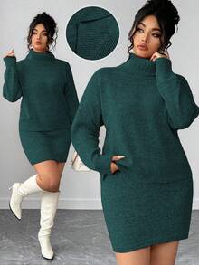 Elenzga Plus Size Women 2-Piece Set, Loose Long Sleeve Solid Color Turtleneck Sweater Top & Super Short Sexy Sweater Dress, Casual & Sweet Korean Style - Dark Green - View 1