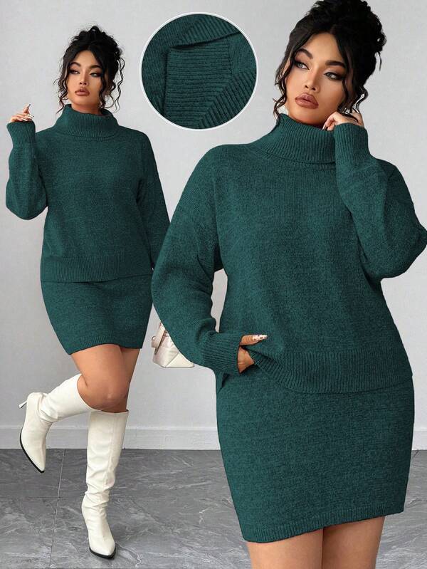 Elenzga Plus Size Women 2-Piece Set, Loose Long Sleeve Solid Color Turtleneck Sweater Top & Super Short Sexy Sweater Dress, Casual & Sweet Korean Style