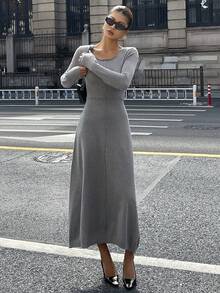 DAZY Women's Elegant Solid Color Round Neck Long Sleeve Knitted Dress, Autumn Sweater Dress - Grey - View 6
