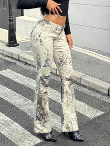 Jeanoix Women's Y2K Fashion Casual Graffiti Leopard Print Low-Waist Flare Jeans