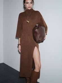 Lumivelle 女式优雅高领半袖开衩毛衣裙，秋冬