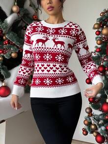 Mujer suéter festivo estilo navideño tejido jacquard diseño creativo ajuste cómodo cuello redondo manga larga invierno fiesta suéter - Rojo y blanco - Ver 1