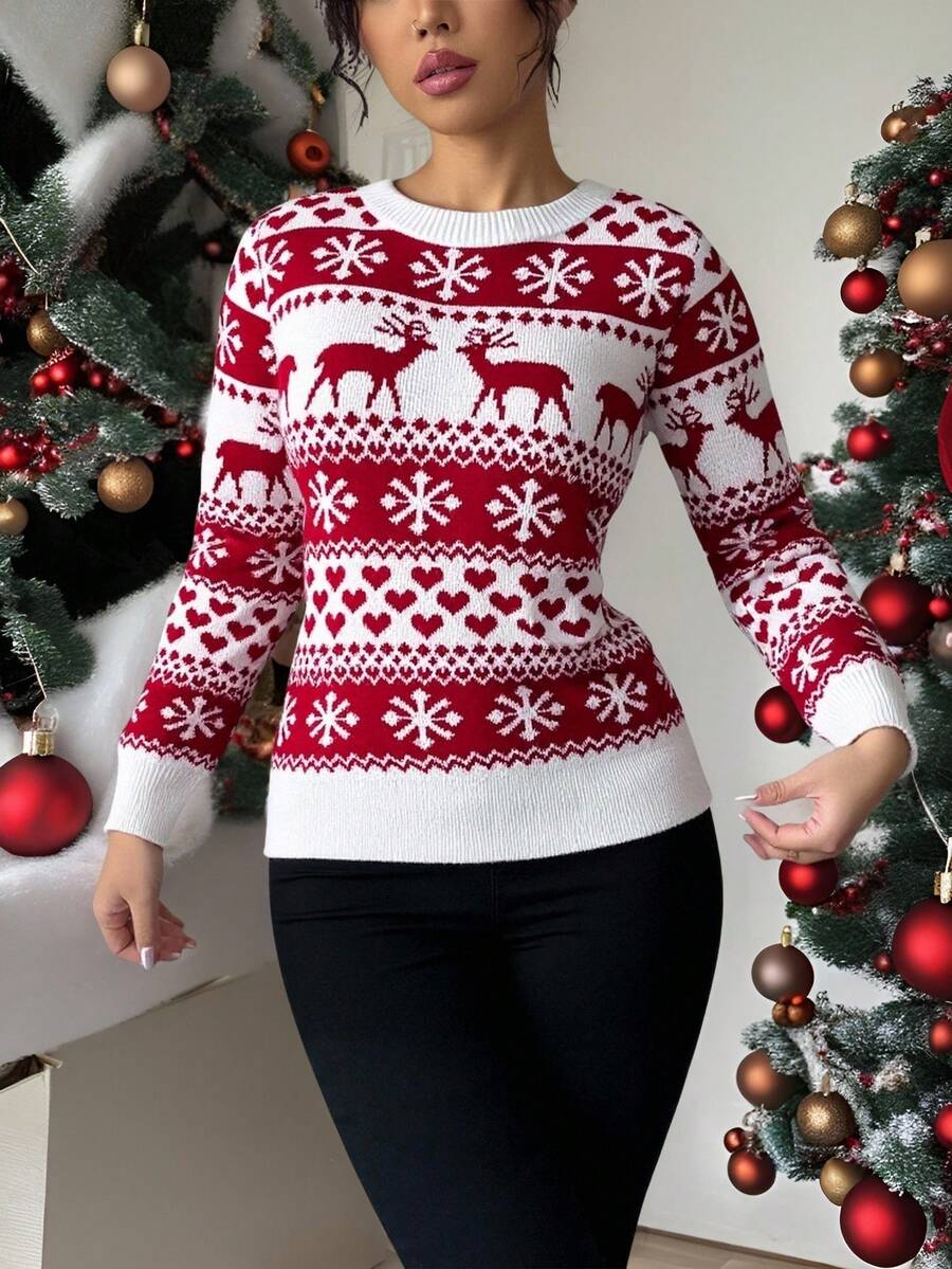 Mujer suéter festivo estilo navideño tejido jacquard diseño creativo ajuste cómodo cuello redondo manga larga invierno fiesta suéter - Rojo y blanco - Ver 1