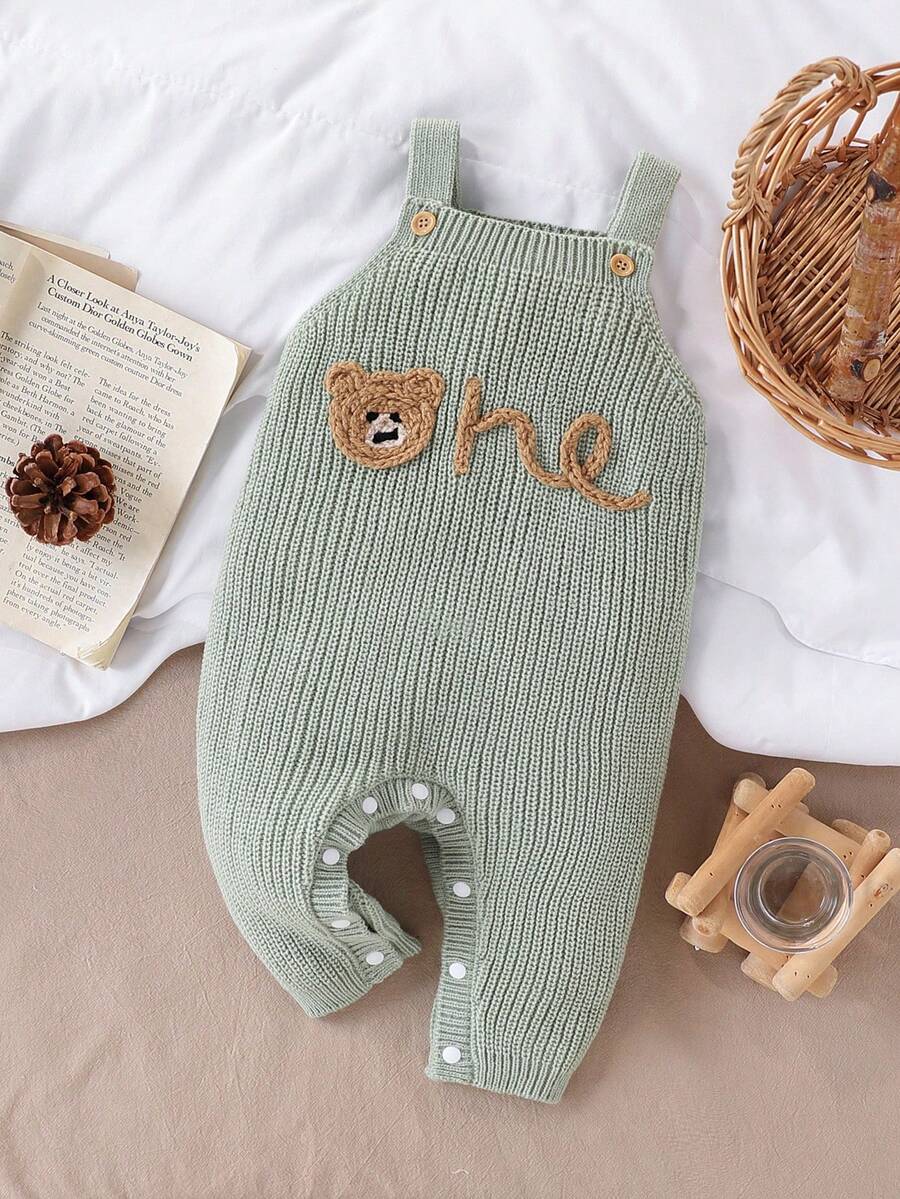 SHEIN Vintaside Kids Combinaison tricotée pour bébé garçon, combinaison pull jacquard ours à la mode et mignonne, combinaison en maille pour bébé, vêtements bébé neutres, barboteuse unisexe pour bébé