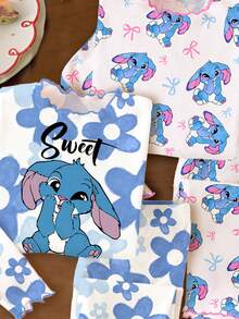 SHEIN Leap Crew 可爱卡通蓝色兔子图案，芭蕾舞风格，蓝色渐变花卉，粉色蝴蝶结印花，少女休闲简约紧身家居服长袖上衣和裤子套装 - 彩色 - 查看 5