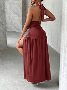 Slaydiva Elegant Romantic Sexy Party Deep V-Neck Halter Split A-Line Long Dress - W - Redwood - View 2
