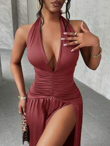 Slaydiva Elegant Romantic Sexy Party Deep V-Neck Halter Split A-Line Long Dress - W - Redwood - View 5